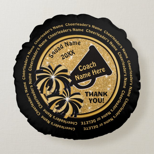 Black and Gold Cheer Coach Appreciation Gift Cheer Round Cushion (Front)