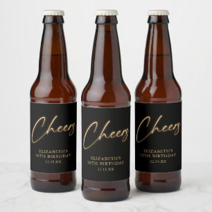 Black and Gold Cheers Adult Birthday Party Beer Bottle Label