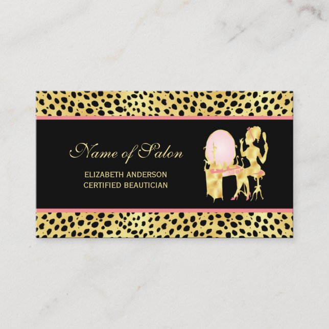 Black and Gold Cheetah Print Salon Woman of Glamou Business Card (Front)