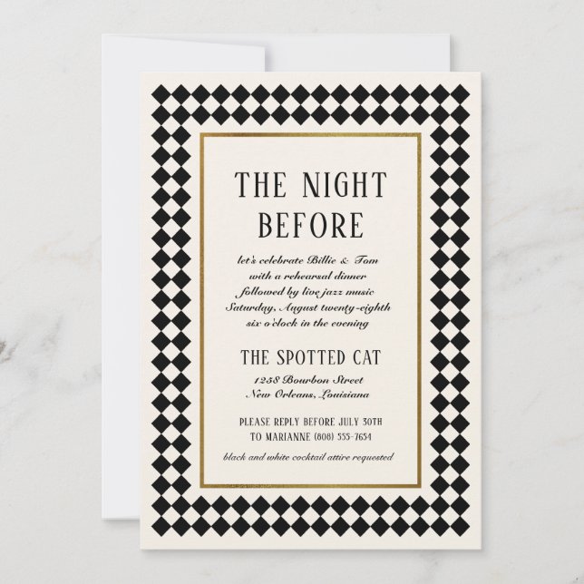 Black and Gold Chequerboard Border Jazz Rehearsal Invitation (Front)