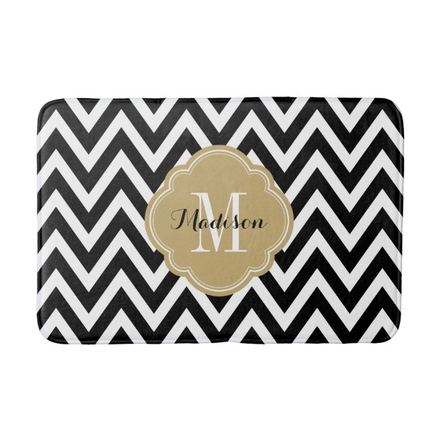 Black and Gold Chevron Monogram Bath Mat (Front)