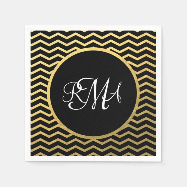 Black and Gold Chevron Pattern Triple Monogrammed Napkin (Front)