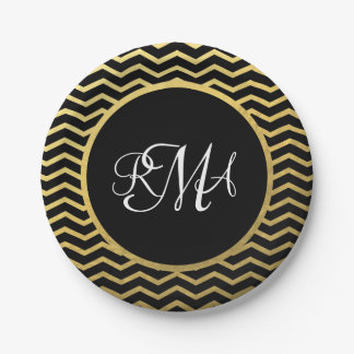 Black and Gold Chevron Pattern Triple Monogrammed Paper Plate