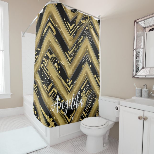 Black and Gold Chevron Personalised Name Shower Curtain (In Situ)
