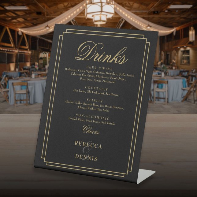 Black And Gold Chic Art Deco Wedding Drinks Menu Pedestal Sign (Black And Gold Chic Art Deco Wedding Drinks Menu Pedestal Sign)