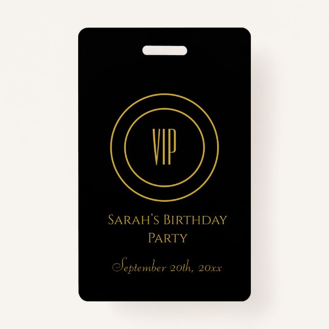 Black and Gold Chic Birthday Party VIP Access ID Badge (Front)