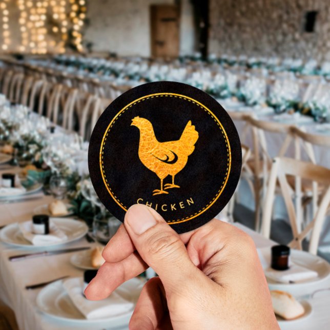 Black and Gold Chic Chicken Wedding Food Choice Classic Round Sticker (Creator Uploaded)