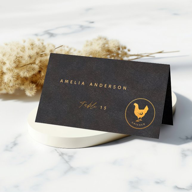 Black and Gold Chic Chicken Wedding Food Choice Place Card (Creator Uploaded)