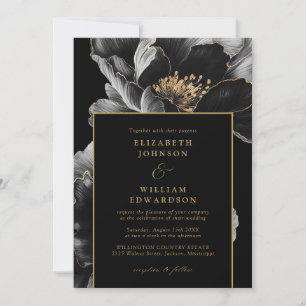 Black And Gold Chic Elegant Floral QR Code Wedding Invitation