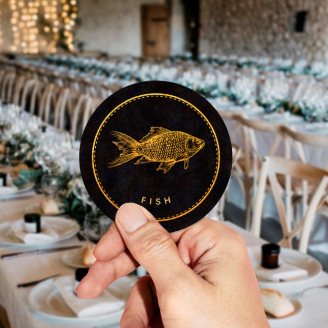 Black and Gold Chic Fish Wedding Food Choice Classic Round Sticker (Creator Uploaded)