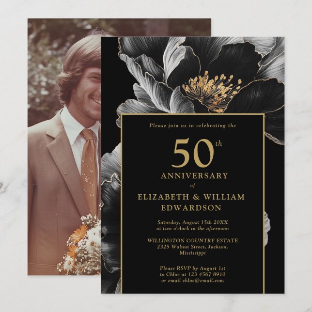Black And Gold Chic Floral 50th Anniversary Photo Invitation (Front/Back)