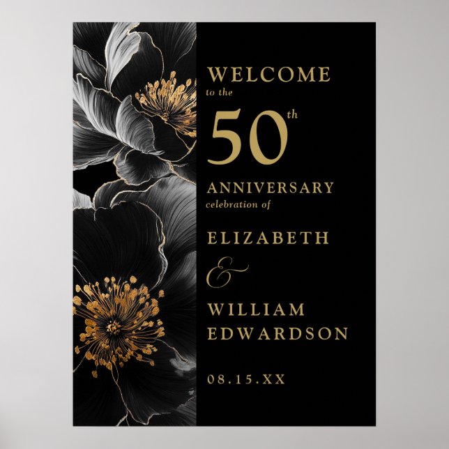 Black And Gold Chic Floral 50th Anniversary Sign (Front)