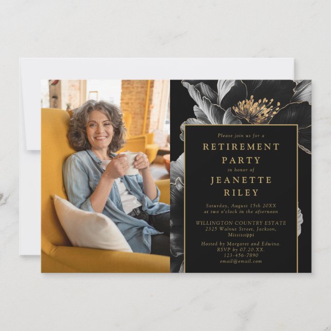 Black And Gold Chic Floral Retirement Party Photo Invitation (Front)