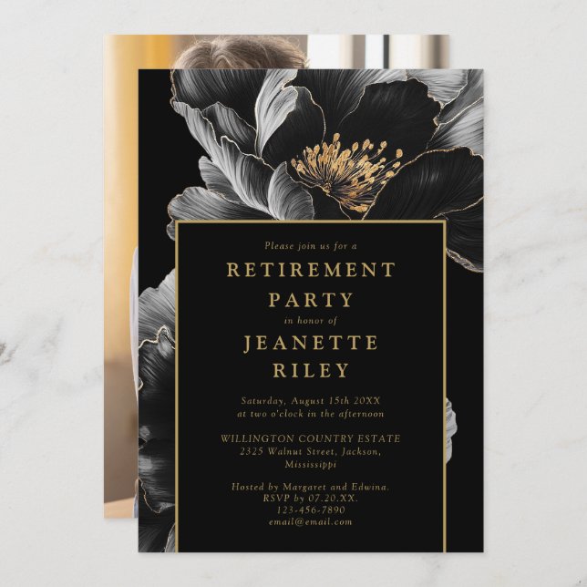 Black And Gold Chic Floral Retirement Party Photo Invitation (Front/Back)