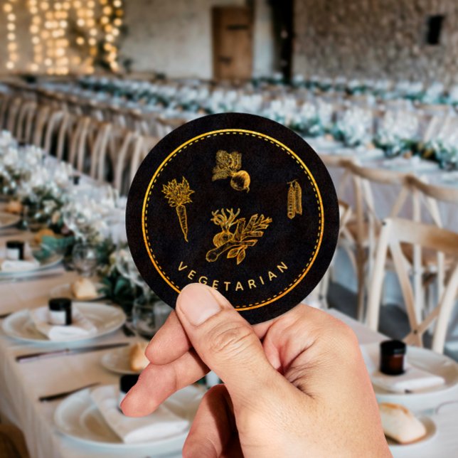 Black and Gold Chic Vegetarian Wedding Food Choice Classic Round Sticker (Creator Uploaded)