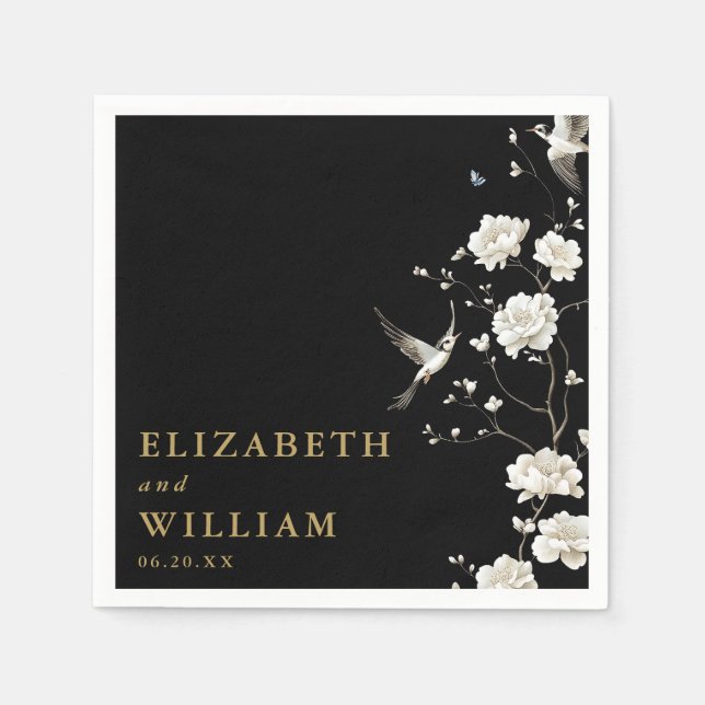 Black And Gold Chinoiserie Floral Garden Wedding Napkin (Front)