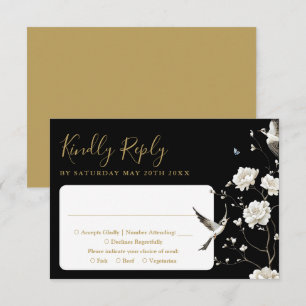 Black And Gold Chinoiserie Floral Garden Wedding RSVP Card