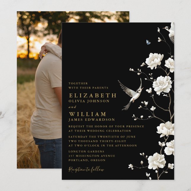 Black And Gold Chinoiserie Floral Wedding Photo Invitation (Front/Back)