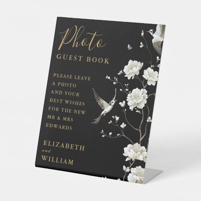 Black And Gold Chinoiserie Photo Guest Book  Pedestal Sign (Front)
