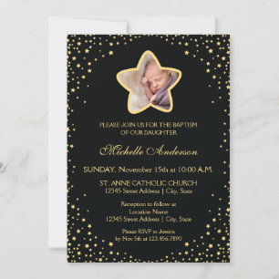 Black and Gold Christening Baptism Baby Star Photo Invitation