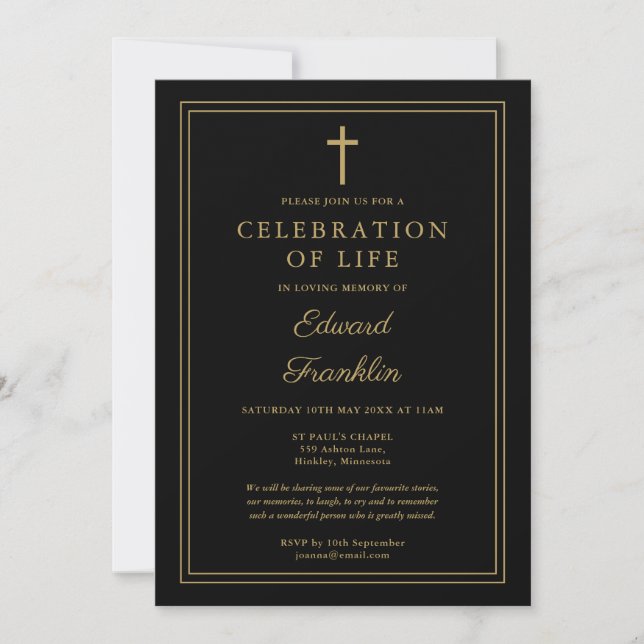 Black And Gold Christian Celebration Of Life Invitation (Front)