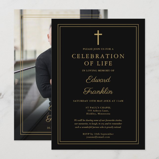 Black And Gold Christian Celebration Of Life Photo Invitation (Front/Back)