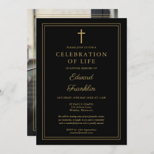 Black And Gold Christian Celebration Of Life Photo Invitation
