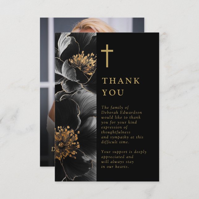 Black And Gold Christian Celebration Of Life Photo Thank You Card (Front/Back)