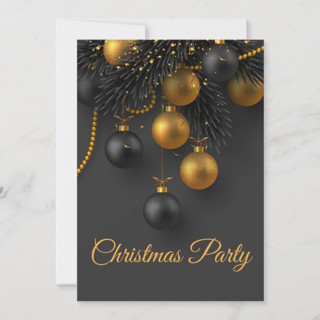 Black and Gold Christmas Balls Elegant Holiday Invitation (Front)