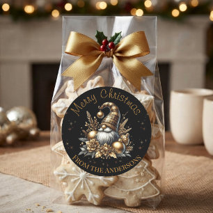 Black And Gold Christmas Gnome Classic Round Sticker