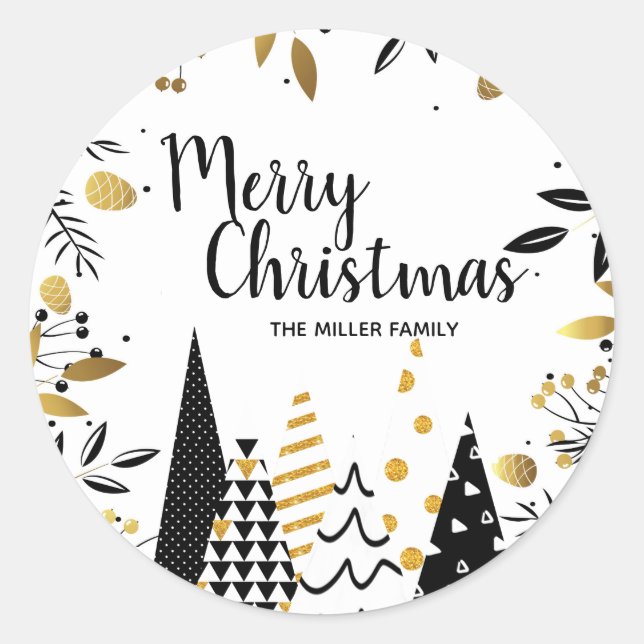Black and Gold Christmas Holiday Classic Round Sticker (Front)