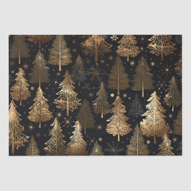 Black and Gold Christmas Trees Tissue Paper (Front)