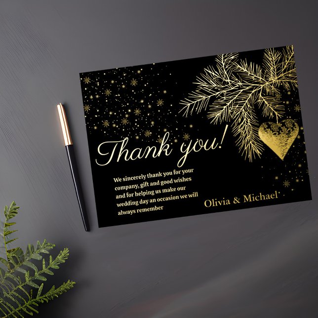 Black and Gold Christmas Winter Wedding Thank you  Foil Holiday Card (Creator Uploaded)