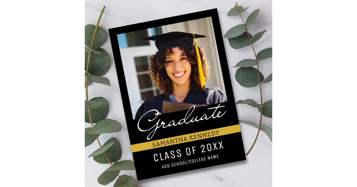 Black and Gold Class of 2025 Graduation Photo Announcement | Zazzle