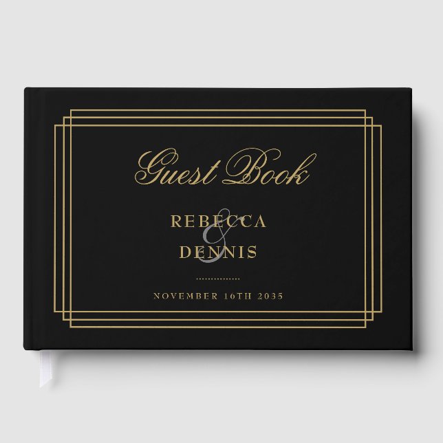 Black And Gold Classic Art Deco Wedding Guest Book (Front)