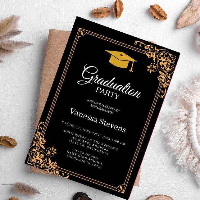 Black And Gold Classic Graduation Cap Party  Invitation (Creator Uploaded)