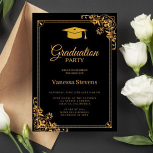 Black And Gold Classic Graduation Cap Party Invitation