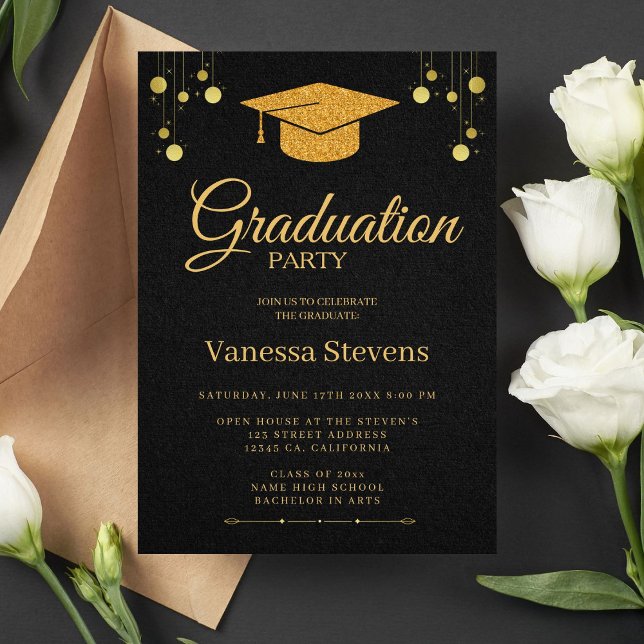 Black And Gold Classic Graduation Cap Party  Invitation (Creator Uploaded)