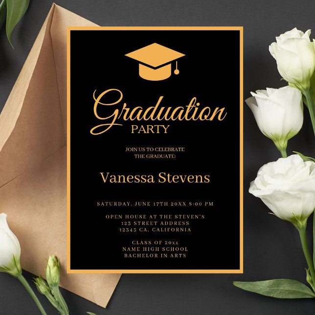Black And Gold Classic Graduation Cap Party  Invitation (Creator Uploaded)