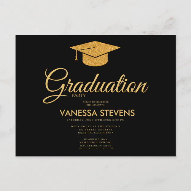 Black And Gold Classic Graduation Cap Party Invitation Postcard | Zazzle
