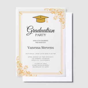 Black And Gold Classic Graduation Cap Party Vellum Invitations