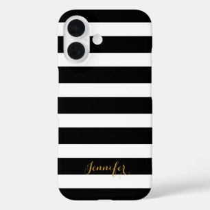 Black and Gold Classic Stripes Monogram iPhone 16 Case