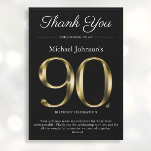 Black and Gold Classy 90th Birthday Thank You Card