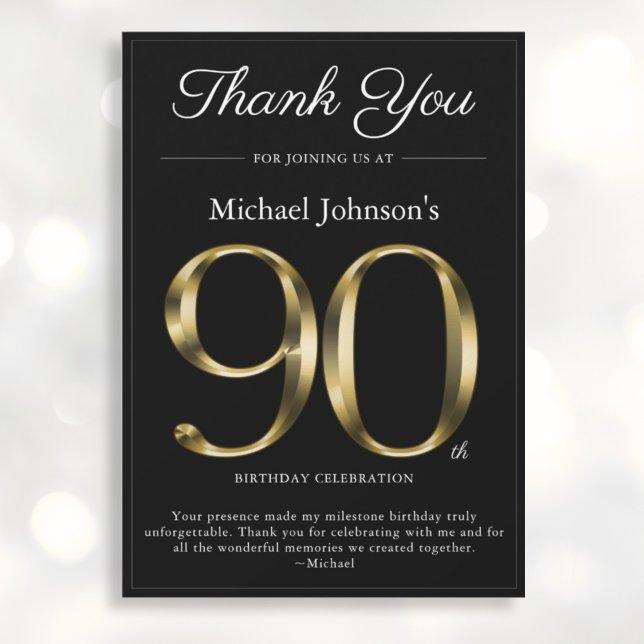 Black and Gold Classy 90th Birthday Thank You Card (Mockup View)