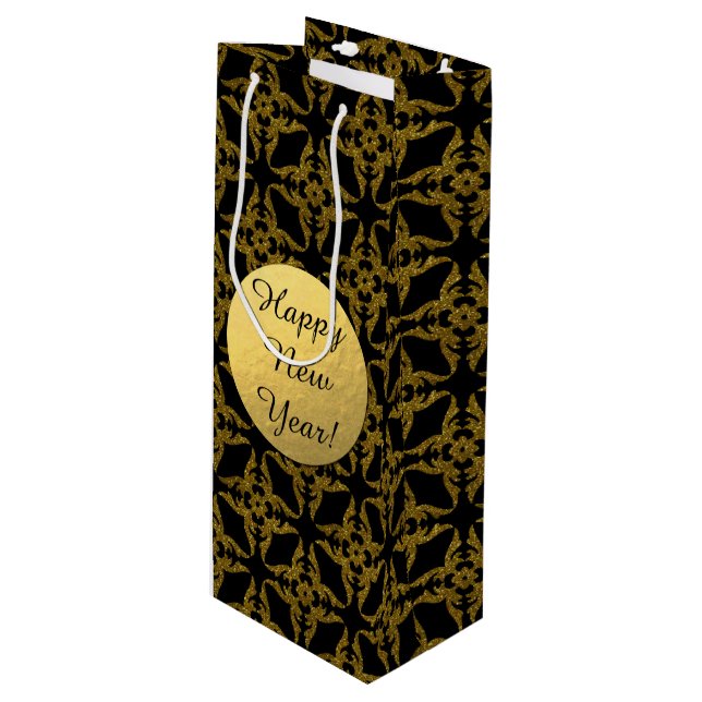 Black and Gold Classy, New Year, Wine Gift Bag (Front Angled)