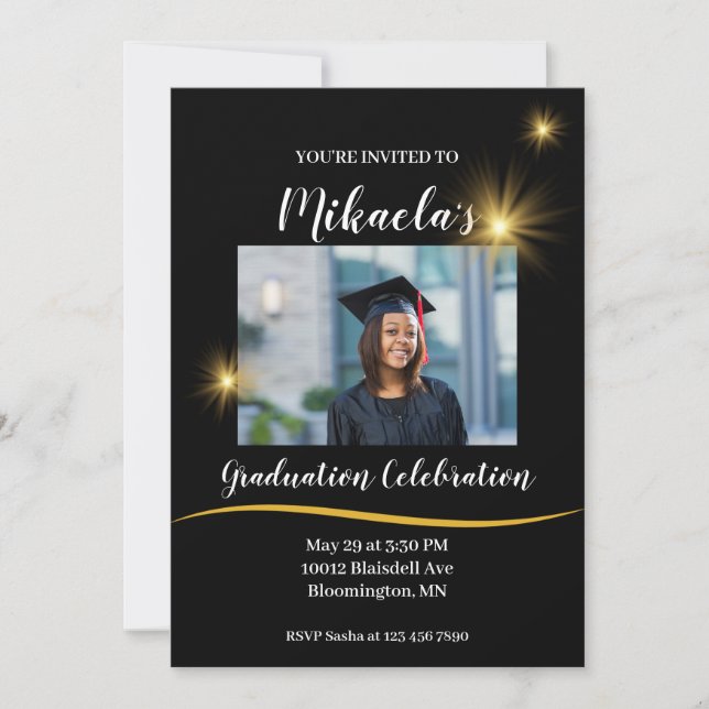 Black and Gold Classy Script Graduation Invitation (Front)