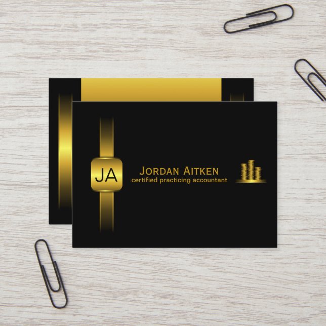 Black and Gold Coins Horiz. Large CPA Accountant Business Card (Front/Back In Situ)
