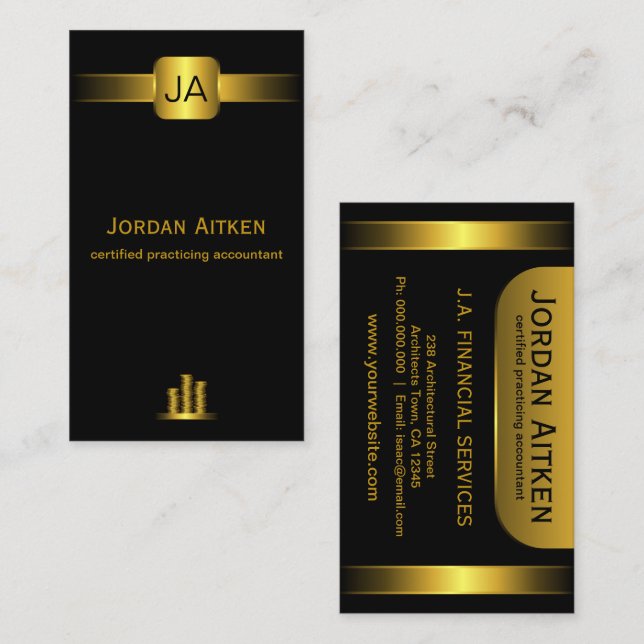 Black and Gold Coins Vertical CPA Accountant Business Card (Front/Back)