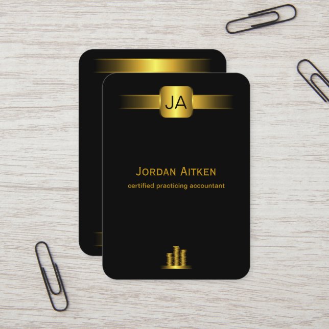Black and Gold Coins Vertical Large CPA Accountant Business Card (Front/Back In Situ)