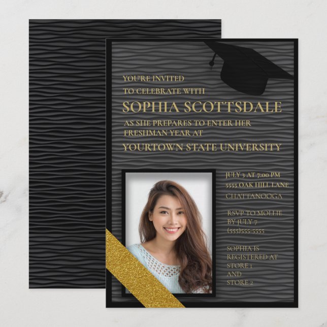 Black and Gold College Trunk Party Photo Invitation (Front/Back)